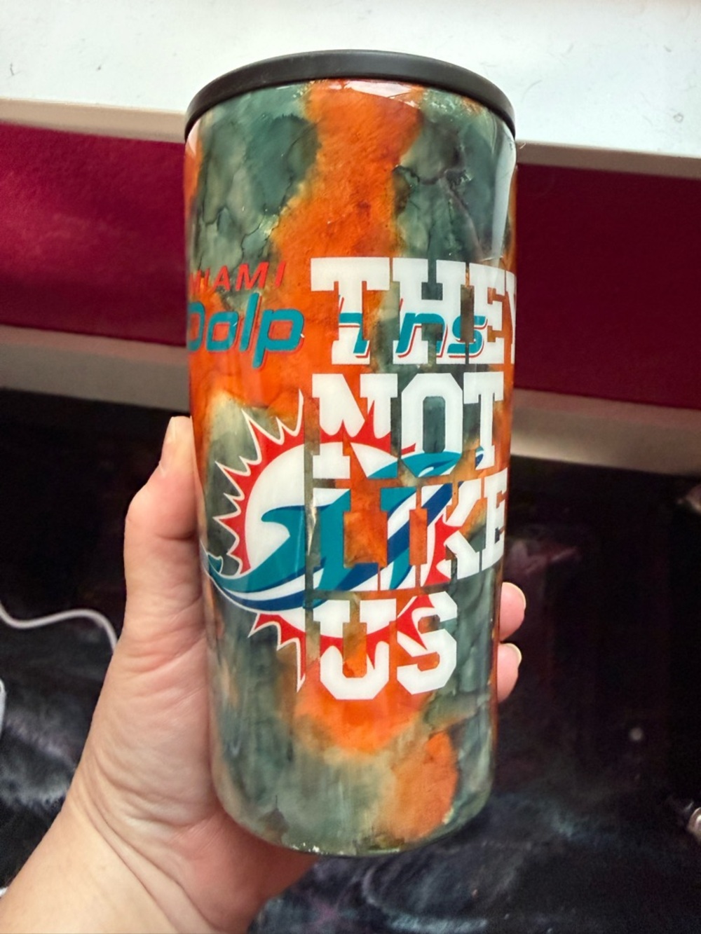 Miami Dolphins Orange Teal Marble Not Like Us 4n1 Can Cooler Convertible Tumbler